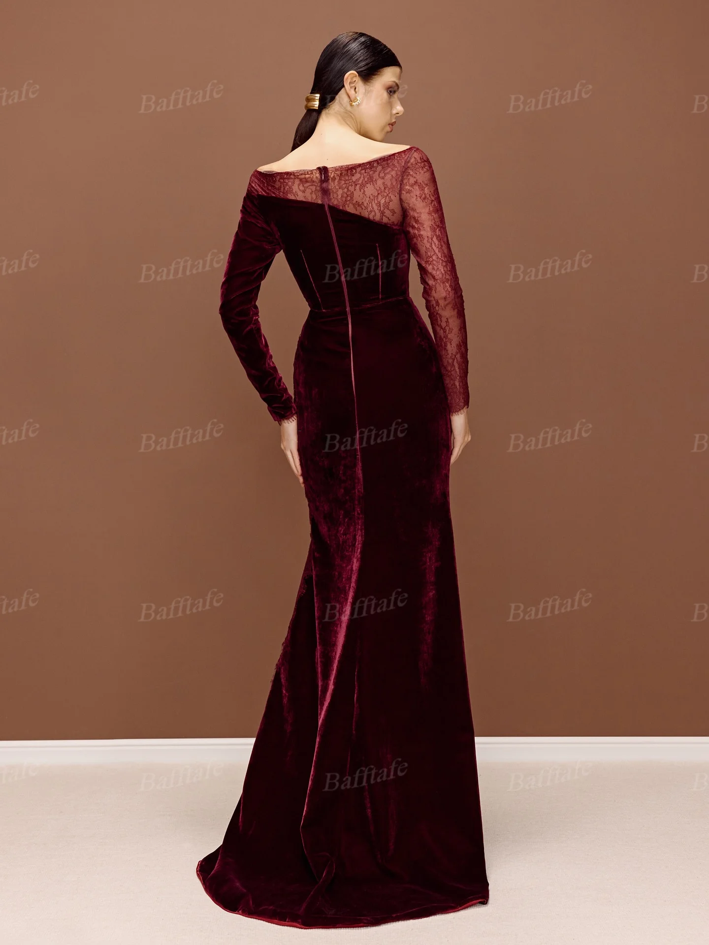 Bafftafe Burgundy Customized Mermaid Evening Gowns Velvet Lace Women Prom Dresses Long Sleeves Formal Party Birthday Dress 2026 image 2