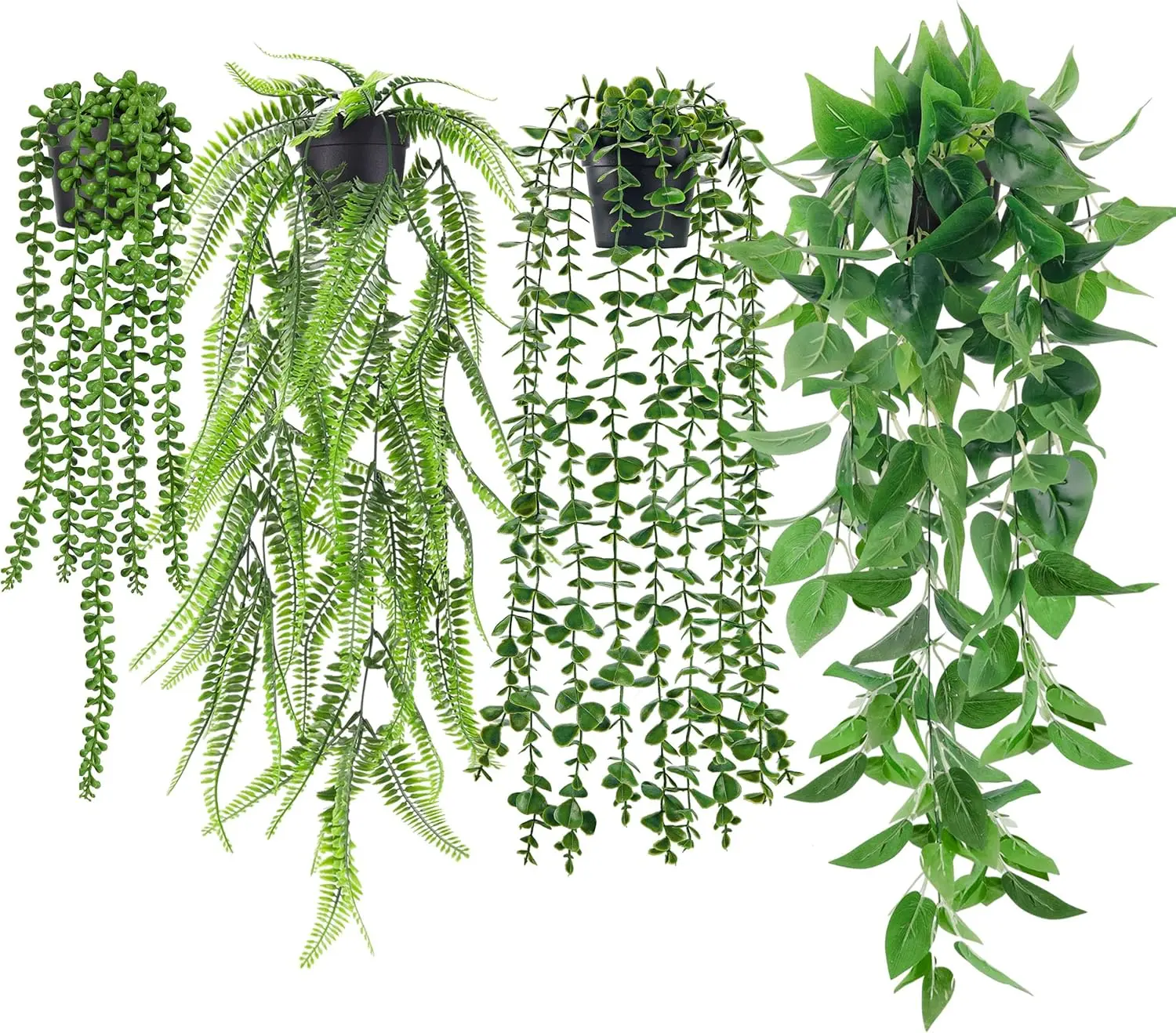 

Набор из 4 искусственных подвесных растений: плющ, эвкалипт, бостонский папоротник, гирлянда из жемчужин для декора внутри и снаружи помещений