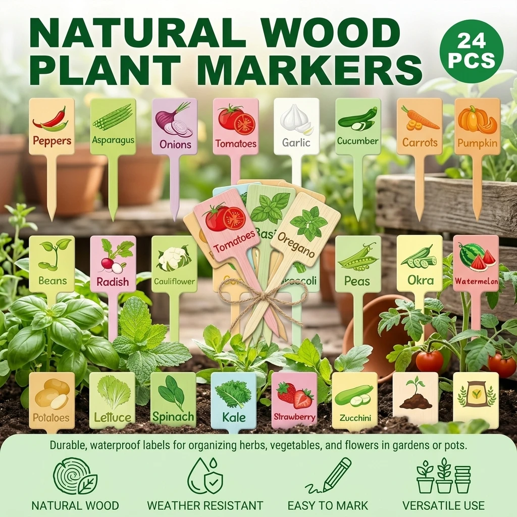 24pcs Plant Label Stakes Vegetable Name Tag with Pattern Wood Plant Garden Sign Seed Indoor and Outdoor Potted Plants Stakes