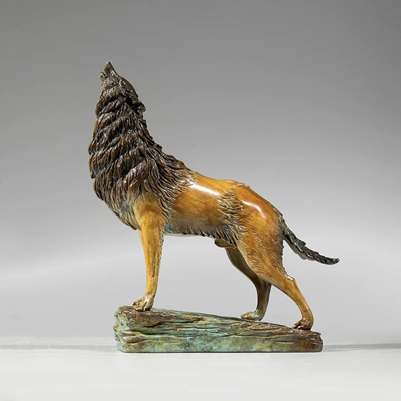 l*-Copper Wolf Sculpture Ornament, Luxury Brass Artwork, Office Desktop Decoration, Animal Figurines  ,Modern Art Gifts