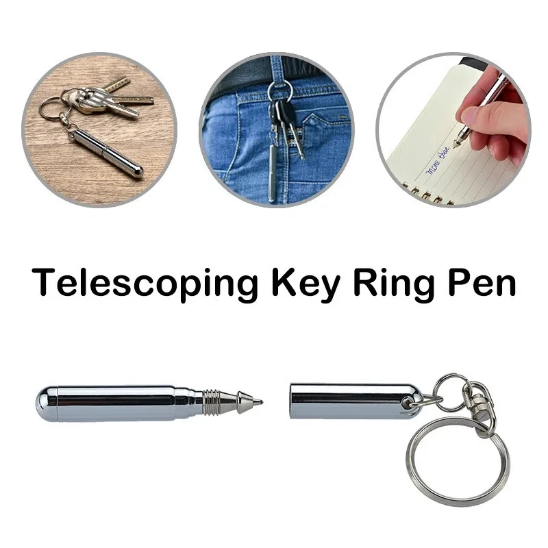 Portable Mini Key Ring Stainless Steel Telescopic Pen Telescoping Ballpoint Pens Keychain Tool  Outdoor Sports Camping Supplies