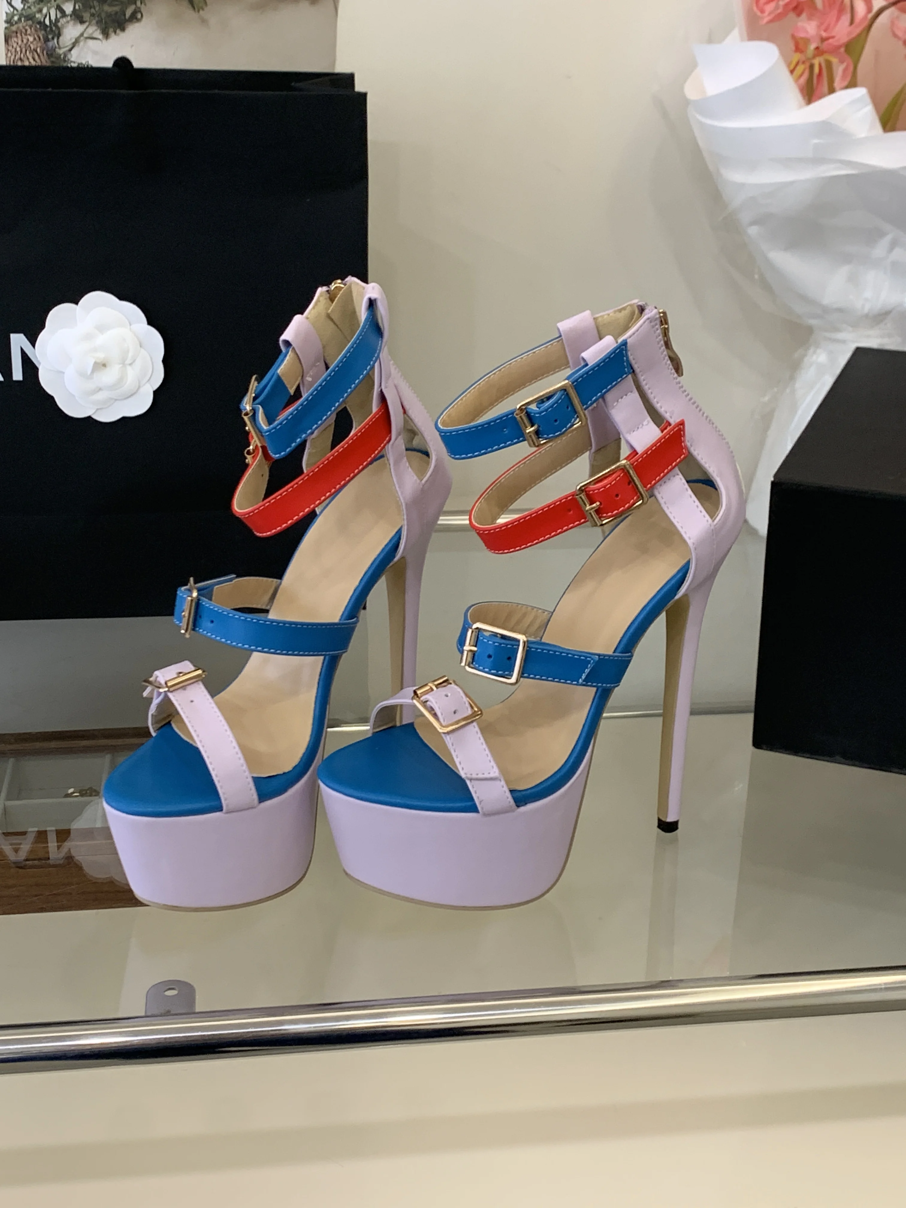 

New Woman Gladiator Sandals Sexy High Heels Color Block Stiletto Platform Shoes Summer Heels Big Size 42 Ladies Party Sandals