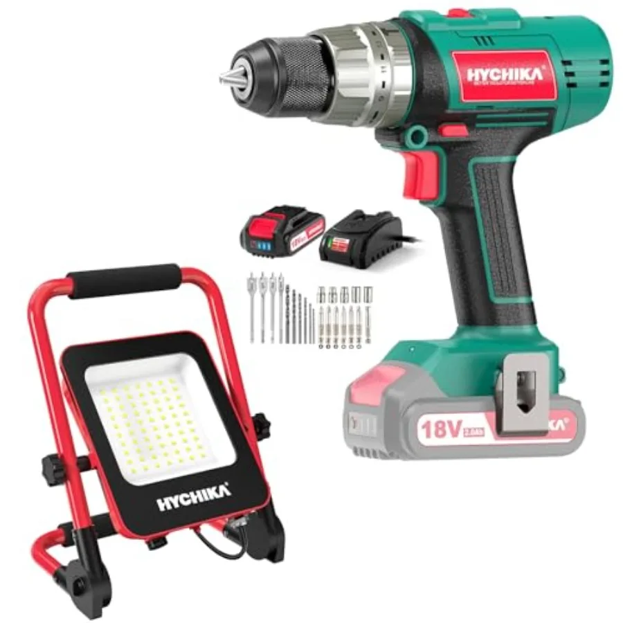 

18V Cordless Hammer Drill Driver 50W LED Work Light 2-Tool Power Tool Set Combo Kit