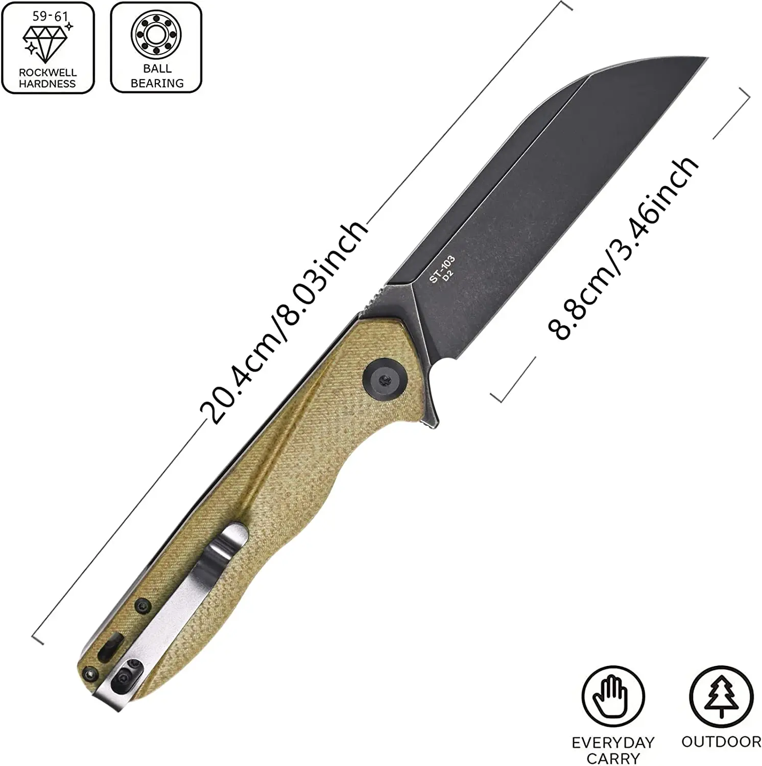 Sitivien ST103 Folding Knife D2 Steel Blade G10/Micarta Handle Pocket Knife EDC Tool Knives for Working Camping Hunting Survival