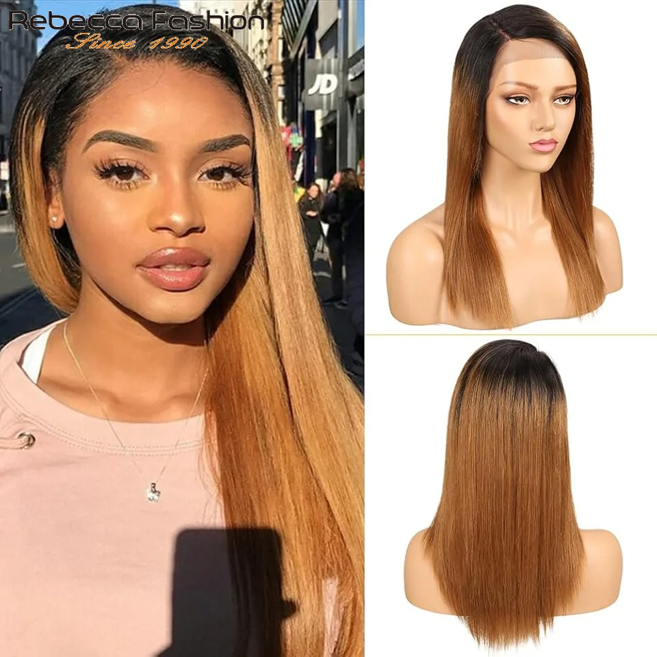 

Rebeccca Bone Straight Lace Front Wigs with Baby Hair for Black Women 16inch 150% Density Ombre Brown Straight Human Hair Wigs