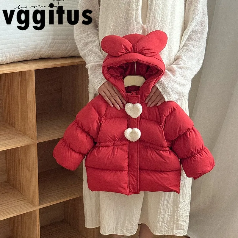 

Новое зимнее пальто для маленьких девочек с кроличьими ушками и капюшоном в форме сердца, толстая теплая куртка-пуховик, детская милая красная пуховая хлопковая верхняя одежда H5099