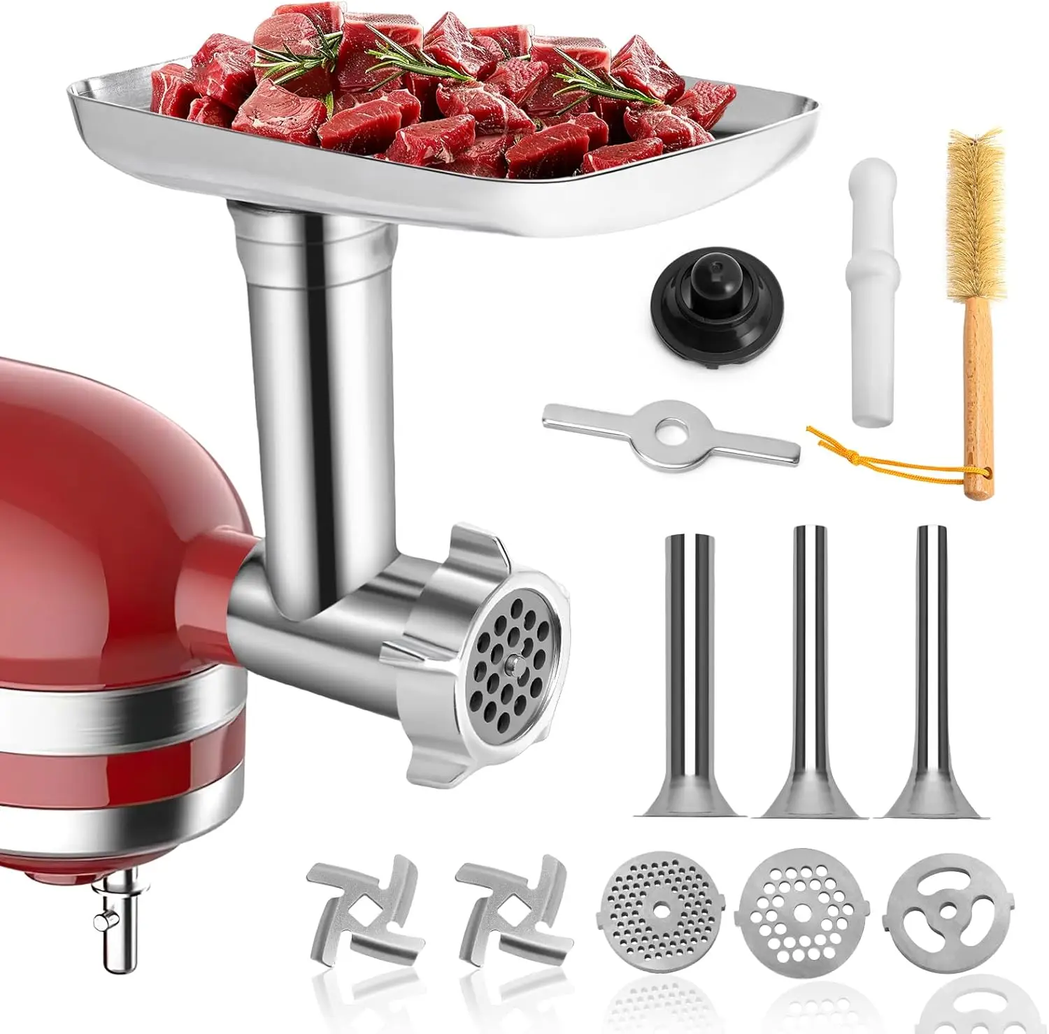 

Meat Grinder Compatible with KitchenAid Stand Mixer with 4 Grinding Plates, 3 Sausage Stuffer Tubes and 2 Blades