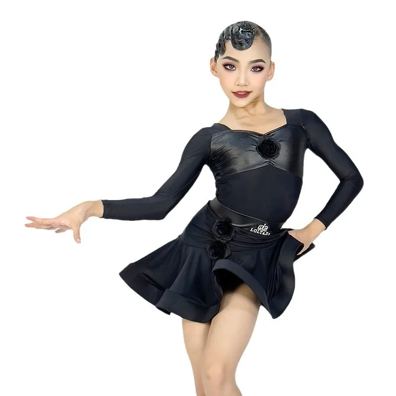 Vestido de entrenamiento de rendimiento para niños, vestido de baile latino para niñas, Conjunto dividido negro, vestidos de competición de baile de salón