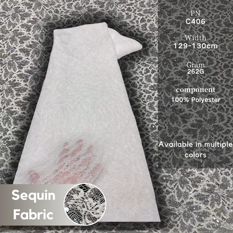 

Pure white high quality Floral Embroidered Mesh Tulle Fabric Sequins Beads For Wedding Dress Bridal Gown Sewing by 5 yards