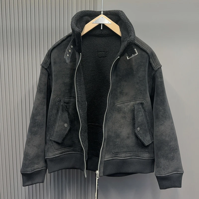 

Черная кожаная куртка из овечьего флиса на молнии с воротником-стойкой для мужчин и женщин, высококачественные зимние теплые свободные повседневные куртки