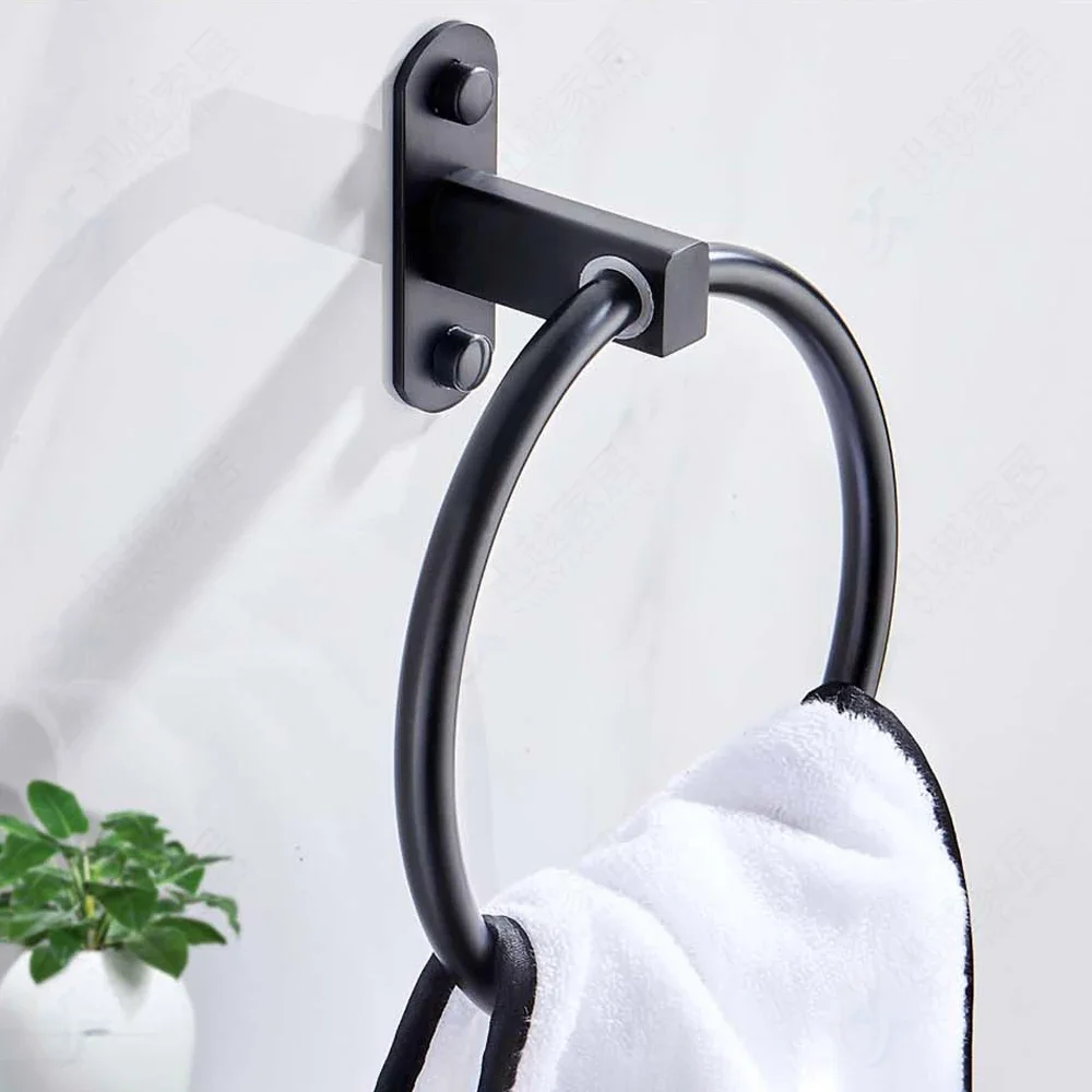 Schwarz Hand Handtuch Ringe Halter Aluminium Runde Bar Waschraum Wand Montiert Bad Kleiderbügel Rack Regal Bad Zubehör
