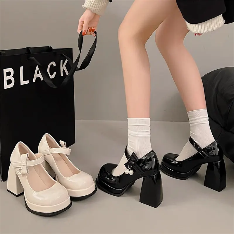 Designer Women Mary Jane Shoes Fashion Elegant Thick High Heel Single Shoes Ladies Pearl bow buckle Wedding shoes Y2K Pumps