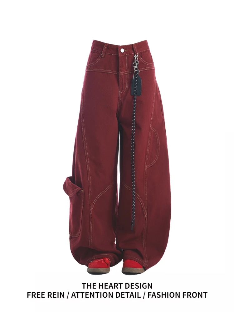 

Красные джинсы рабочей одежды в американском стиле ретро, свободные широкие брюки с высокой талией, повседневные весенние новые женские джинсовые джинсы