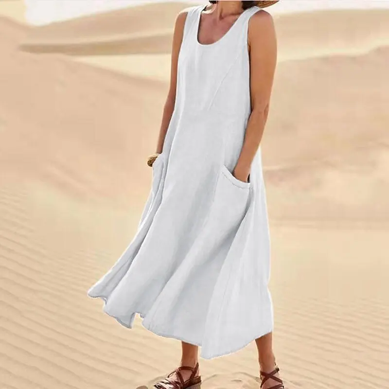 Vintage Sleeveless Tank Dress Women Elegant Round Neck Solid Cotton Linen Vestidos Summer Casual Loose Pockets Long Dresses