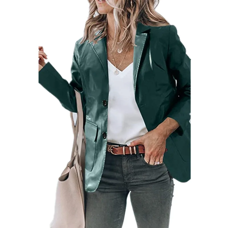 Outono inverno preto/vermelho/verde casaco pu 2022 jaqueta de couro falso feminino bolso duplo manga longa turn-down único breasted blazer