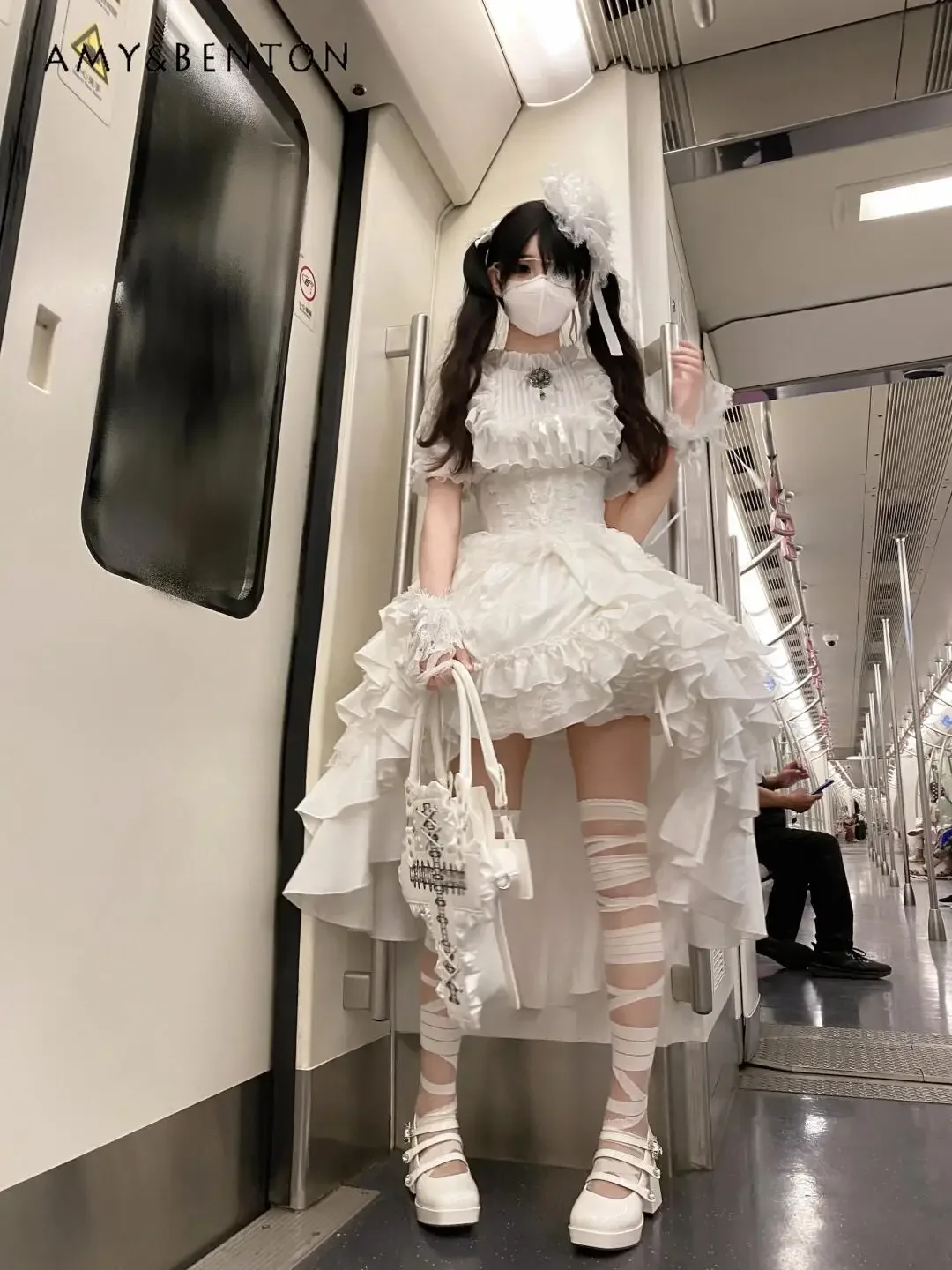 Lolita Subculture Stand Collar Bubble Short-sleeved Lace Shirt High Waist Slim Irregular Multi-layer Tutu Skirt Two-piece Set