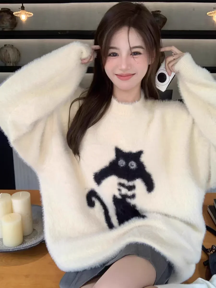 Gagaok Kawaii Cat Jacquard Knitted Pullover Sweaters Women Autumn Winter Clothes Casual Round Neck Mink Warm Pull Femme