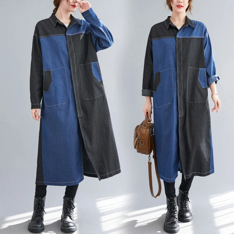 Cor blo waed denim irt dr longo sve colarinho saia evasê para mulheres plus size outono commute sle thiened