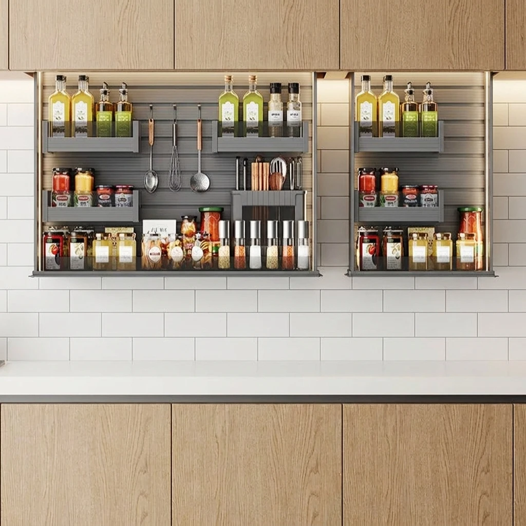 & Dropdown Lift Basket Three-Tier Aluminum Storage Kitchen CabinetSeasoning Organization Soft Close Mechanism Pull-Out Cabinet