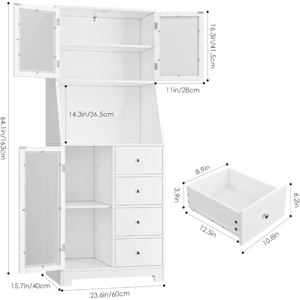 64'' Tall Kitchen Storage Cabinet, Kitchen Hutch with Microwave Stand, Pantry Cabinet with Adjustable Shelves, for Kitchen,White