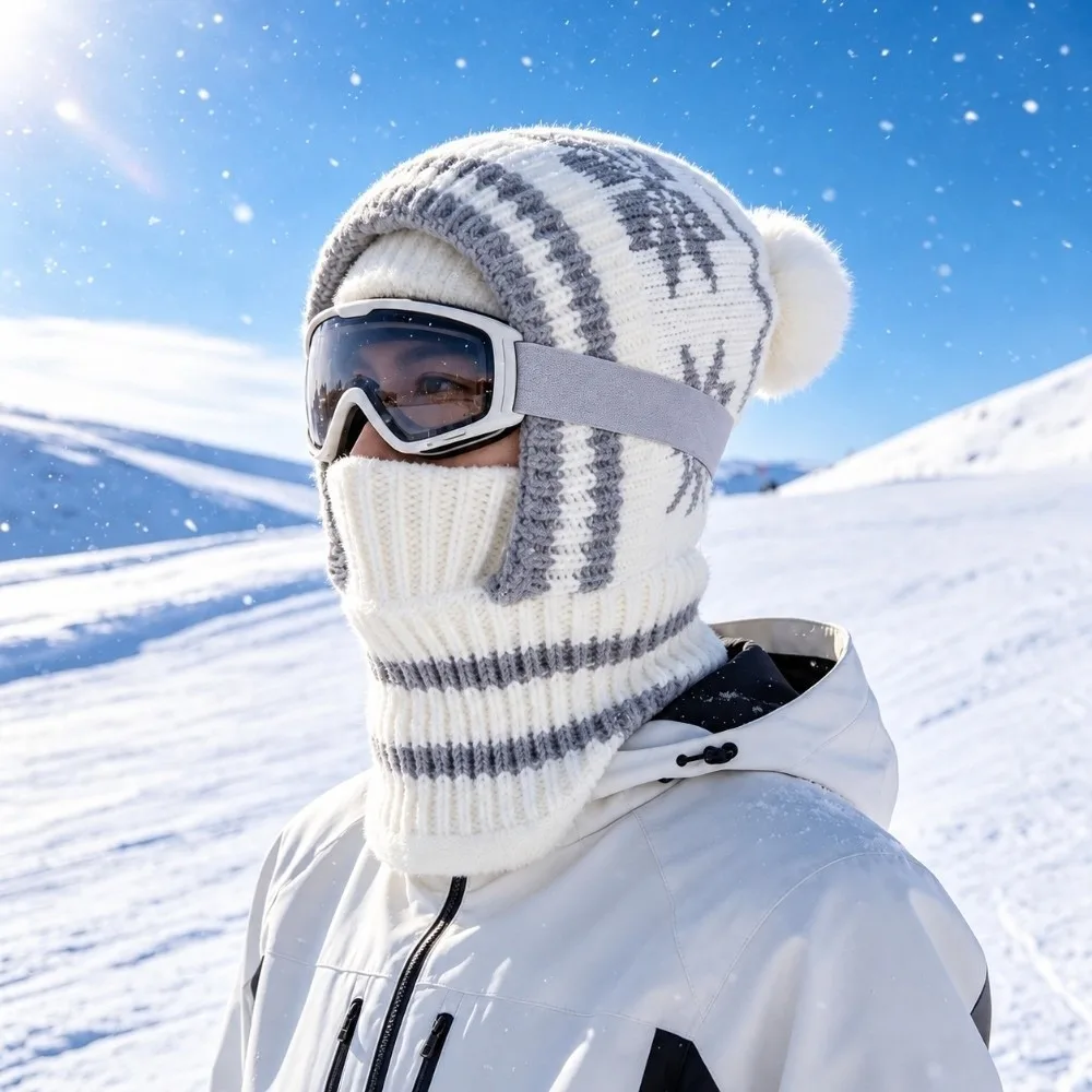 Fleece Lining Knitted Balaclava Hat Snowflake Jacquard Thick Warm Winter Beanie Mask Ear Protection Full Cover