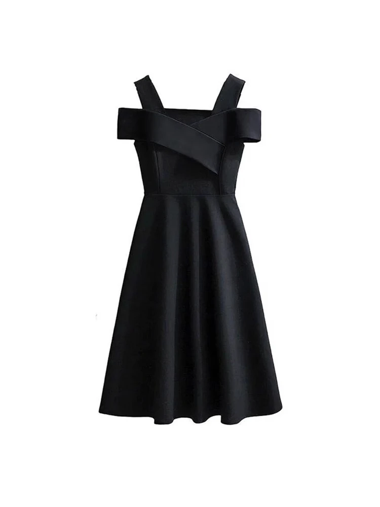 Ele Summer Bla Slimming One oulder Dr Women's Casual Sle Midi Skirt Polyester Blend Comfortable Fit A-Line Dr