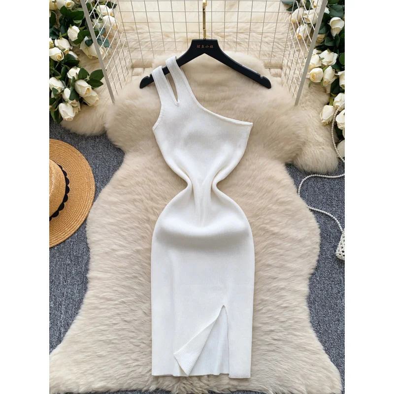 Women sexy slim summer chic one-shoulder knitted bodycon short dress casual sheath cut-out night club split streetwear dress
