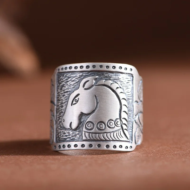 

999 Изысканные серебряные кольца на год лошади для мужчин, тайское серебро, 20 мм, квадратное кольцо с изображением лошади, тайское серебро, этнические украшения, винтажное кольцо