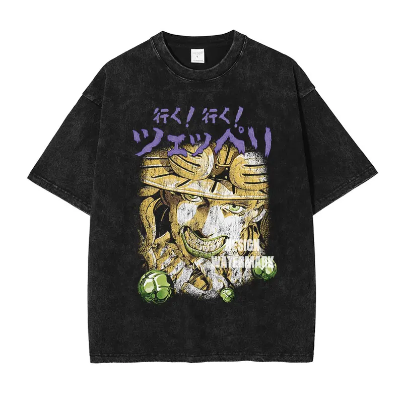Camiseta JOJO Steel Ball Run Vintage lavada Zeppeli Gyro camisetas de gran tamaño Manga JOJO DIO Jotaro Jolyne Jean Pierre Tops camisetas hombres