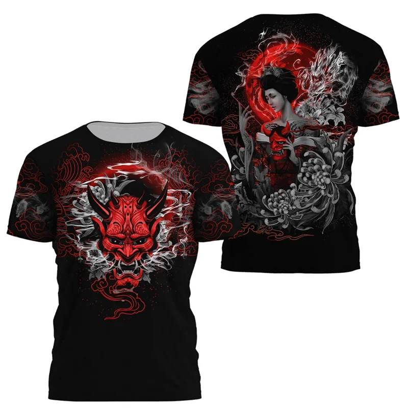 2026 Japanese Hannya Demon Mask Tattoo Print Men’s Round Neck T‑shirt, Retro Oriental Art Casual Short Sleeve Top