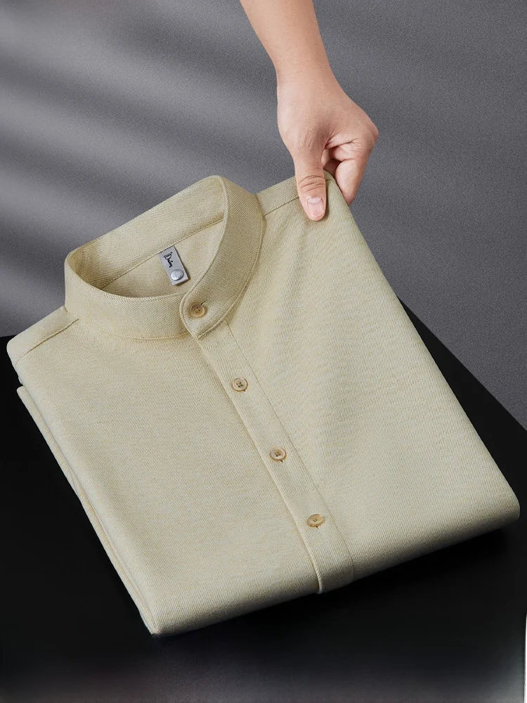 

High-End Winter Flannel Warm Zhongan Collar Men's Long Sve Casual Slim Fit Trendy Stand Collar Men's irt Youth Faion