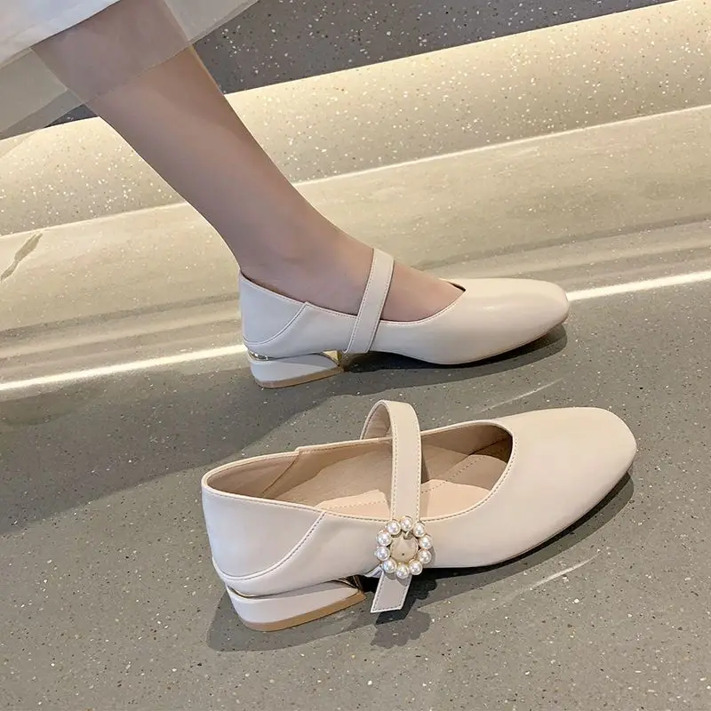 春と秋の新しい女性用ローヒールメリージェーンシューズ、デイリー無地スクエアトゥ、女性用オフィスシングルシューズ、ボンバス・デ・ムヘーレス