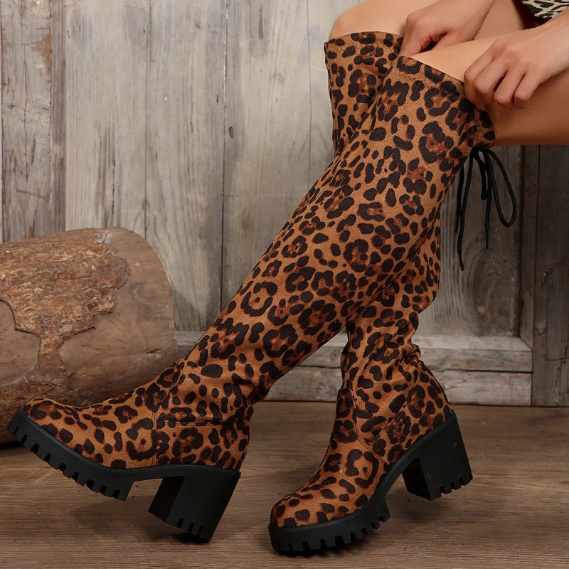 

Women's Boots Sexy Leopard Print Designer Womens Knee-high Boots Temperament Slimming Elastic Over Knee Boots Botas Largas Mujer