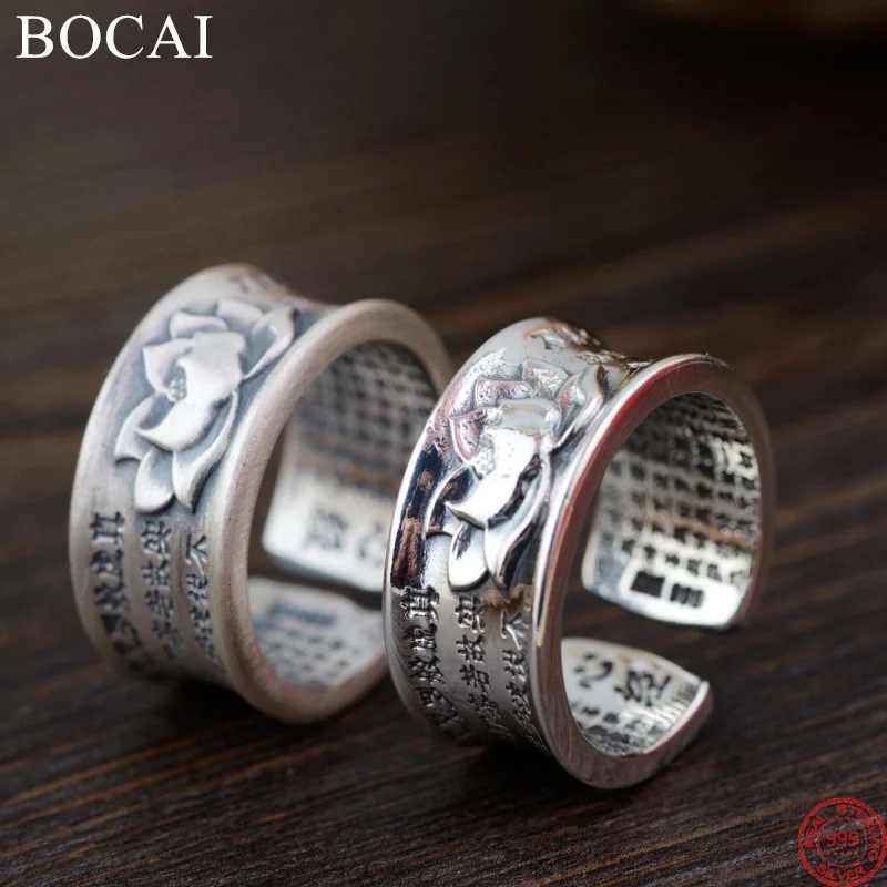 BOCAI Sterling Siliver S999 Rings for Men Women Retro Lotus Pattern Heart Sutra Adjustable Argentum Elegant Jewelry Wholesale