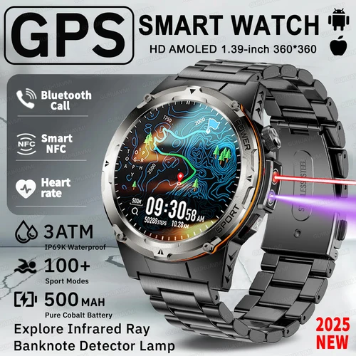 Imagen 1 del producto Nuevo reloj inteligente deportivo GPS para exteriores actualizado para hombres HD AMOLED 3ATM IP69K resistente al agua 500mAh infrarrojo NFC Bluetooth llamada reloj inteligente