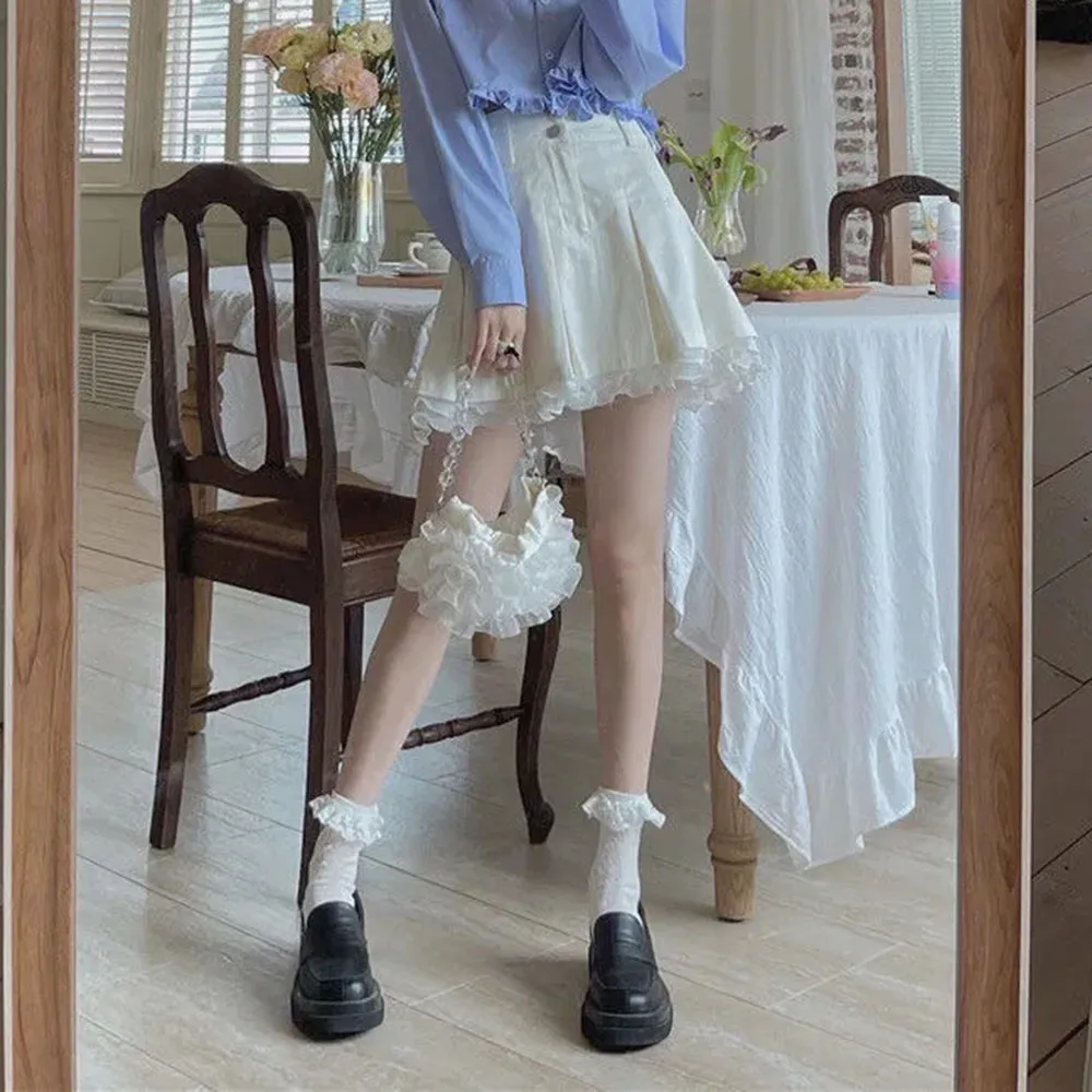 

Kawaii Pleated Skirt Women Sweet lace Patchwork Black Preppy Mini Shirts Korean White Ruffls Fairycore Fashion Short Streetwear