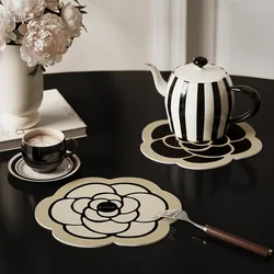 PU Leather Coasters for Drinks,Black Camellia,Heat Resistant Placemat,Eco-Friendly,French Tea,Coffee Table,Home Decoration,New