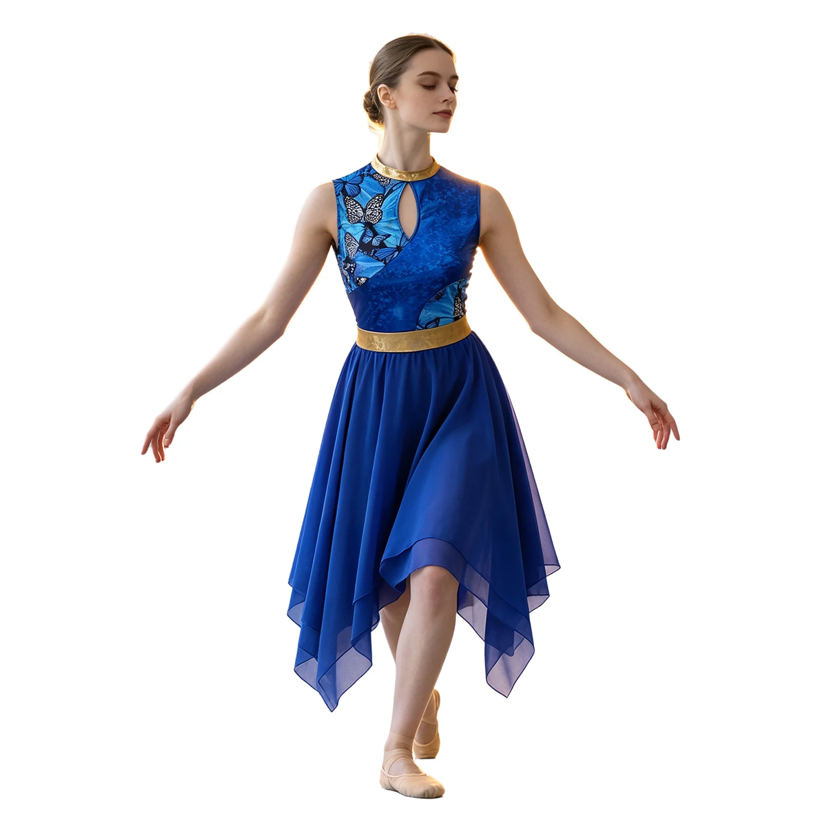 Damen-Lyrik-Tanzkleid, Kostüm für Gottesdienste und Lobgesänge, mit Metallic-Print, aufgesetztem Oberteil, Schlüssellochausschnitt vorne, ärmellos, unregelmäßiger Saum, Tunika-Kleid. – Detail 20