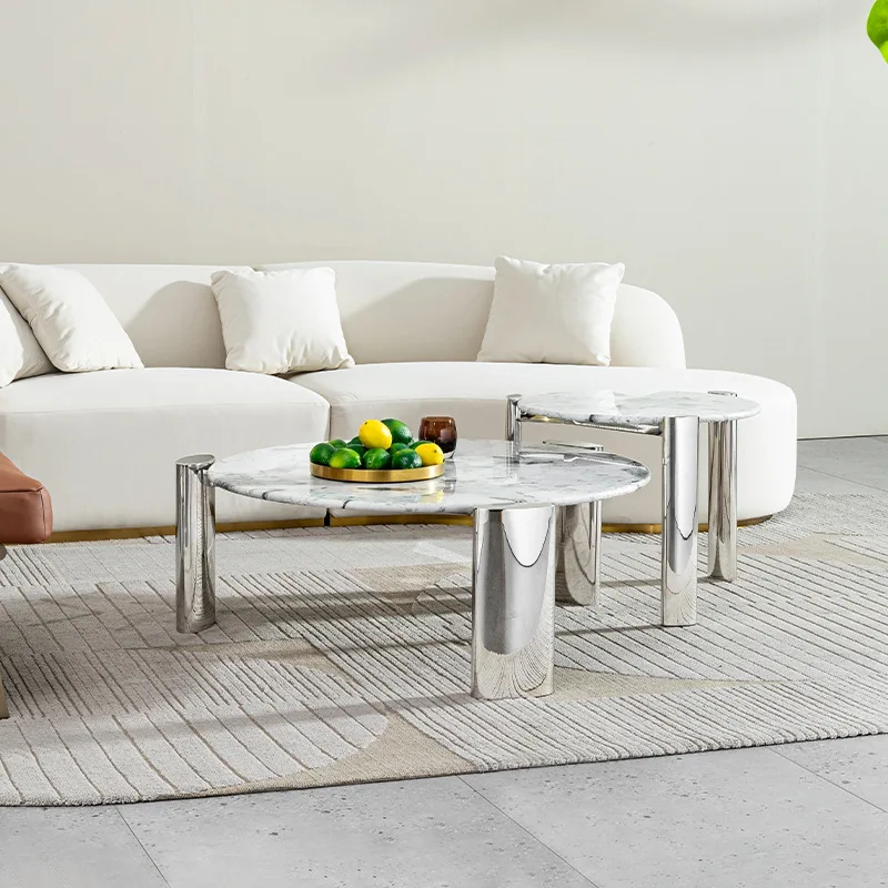 طاولة قهوة رخامية فاخرة وخفيفة الوزن، مجموعة مستديرة لغرفة المعيشة المنزلية، شقة صغيرة، طاولة حديثة بحافة من الفولاذ المقاوم للصدأ #4