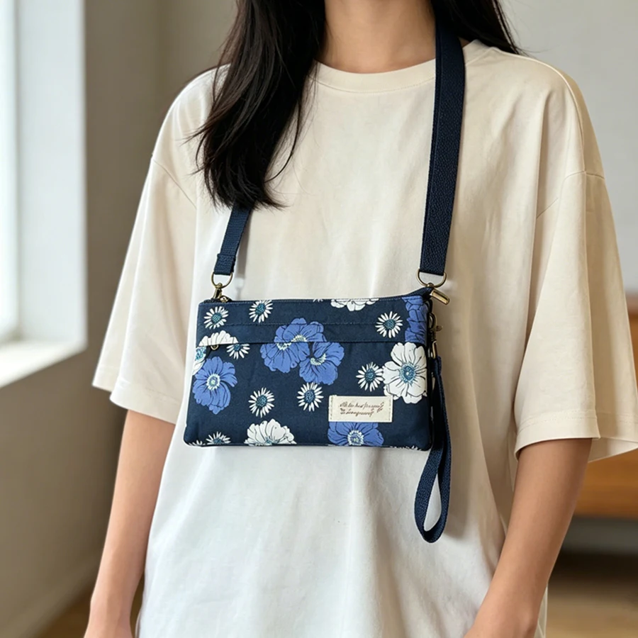 Leichte Canvas-Handytasche mit Blumenmuster für Damen, Umhängetasche mit mehreren Taschen und Reißverschluss, verstellbarer Riemen, Mini-Handgeldbörse – Detail 11