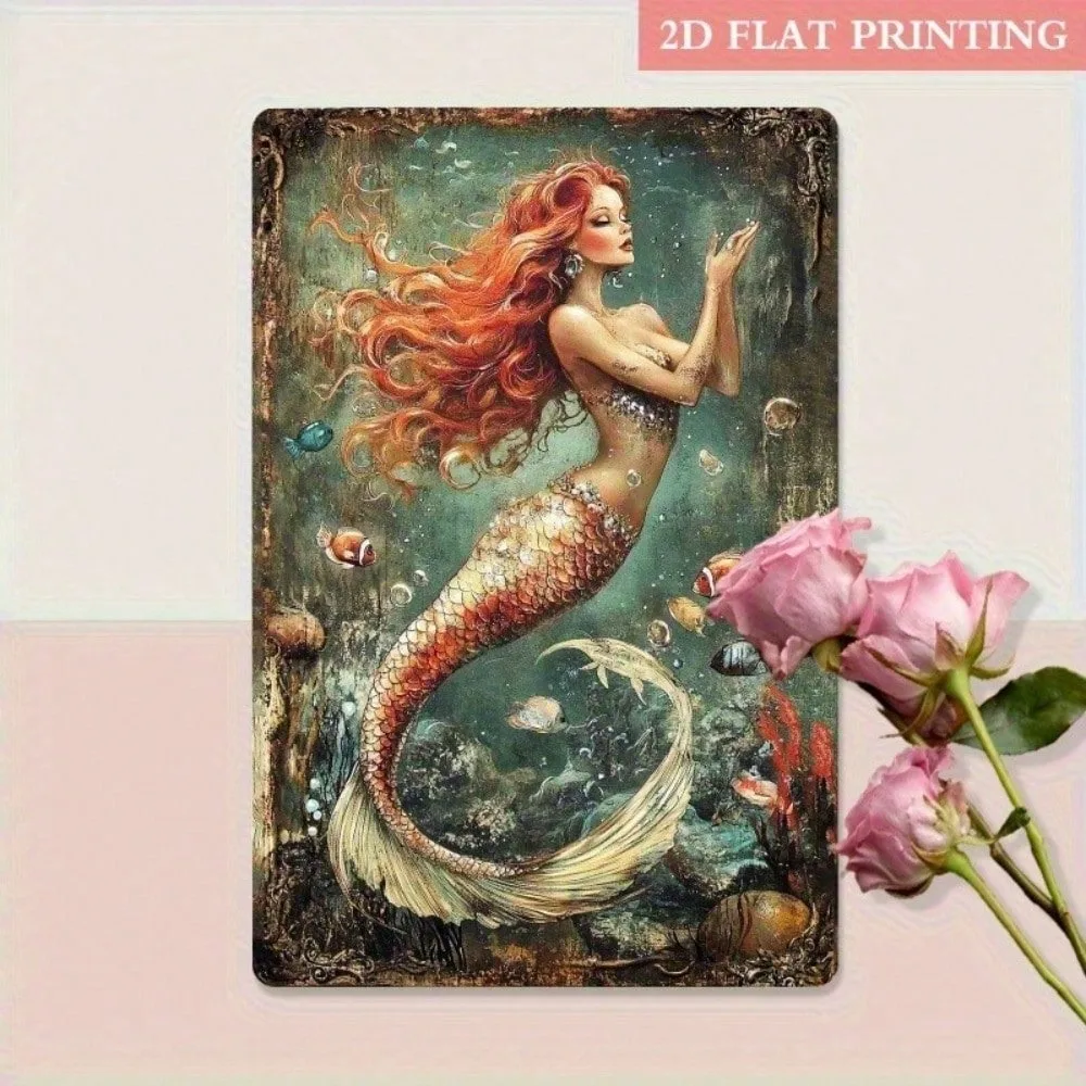 

Vintage Red Haired Mermaid Retro Tin Sign, 8x12 Inch Art Deco Wall Decor - Perfect Ramadan Decoration 2026 & Unique Valentines D