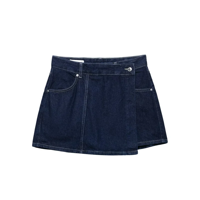 Women Casual Navy Blue Denim Shorts Skirt High Waist Front Pockets Metal Button Female Streetwear
