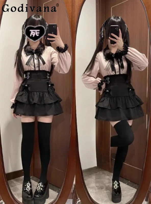 

Original Mine Japanese Lace Hollow Out Long Sleeve Shirt Autumn Girl's Cute Bow Slim-Fit Lolita Top Y2k High Waist Skirts Set
