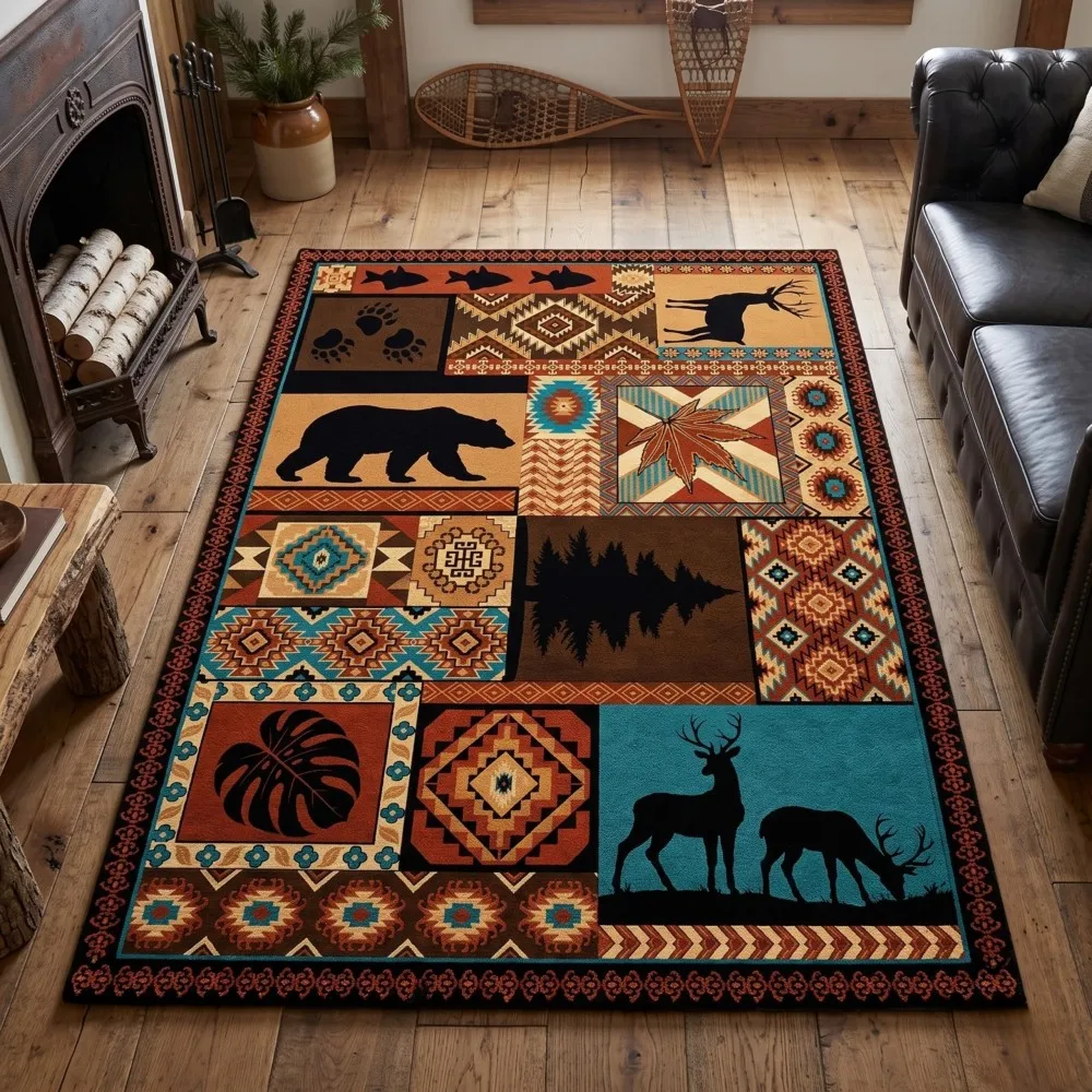 Patchwork Bear Deer Paw Cabin Carpet Living Room Bedroom Rug Southwest Aztec Geometric Floor Mat Tribal Western Mountain Doormat