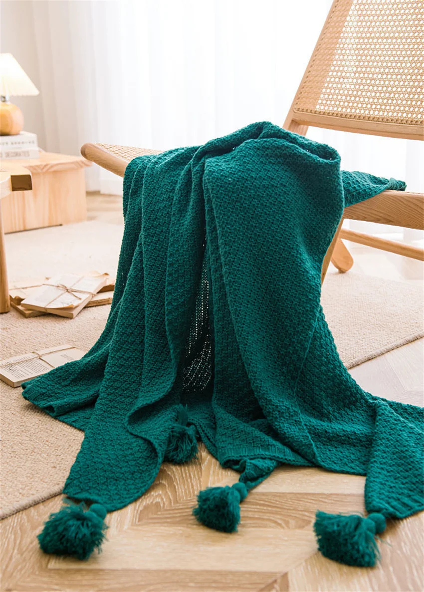 Nordische Decken für Bett, Sofa, Couch, grob gestrickte Tagesdecke, gestrickte Überwurfdecke mit Quaste, einfarbige Waffel-geprägte Decke – Detail 6