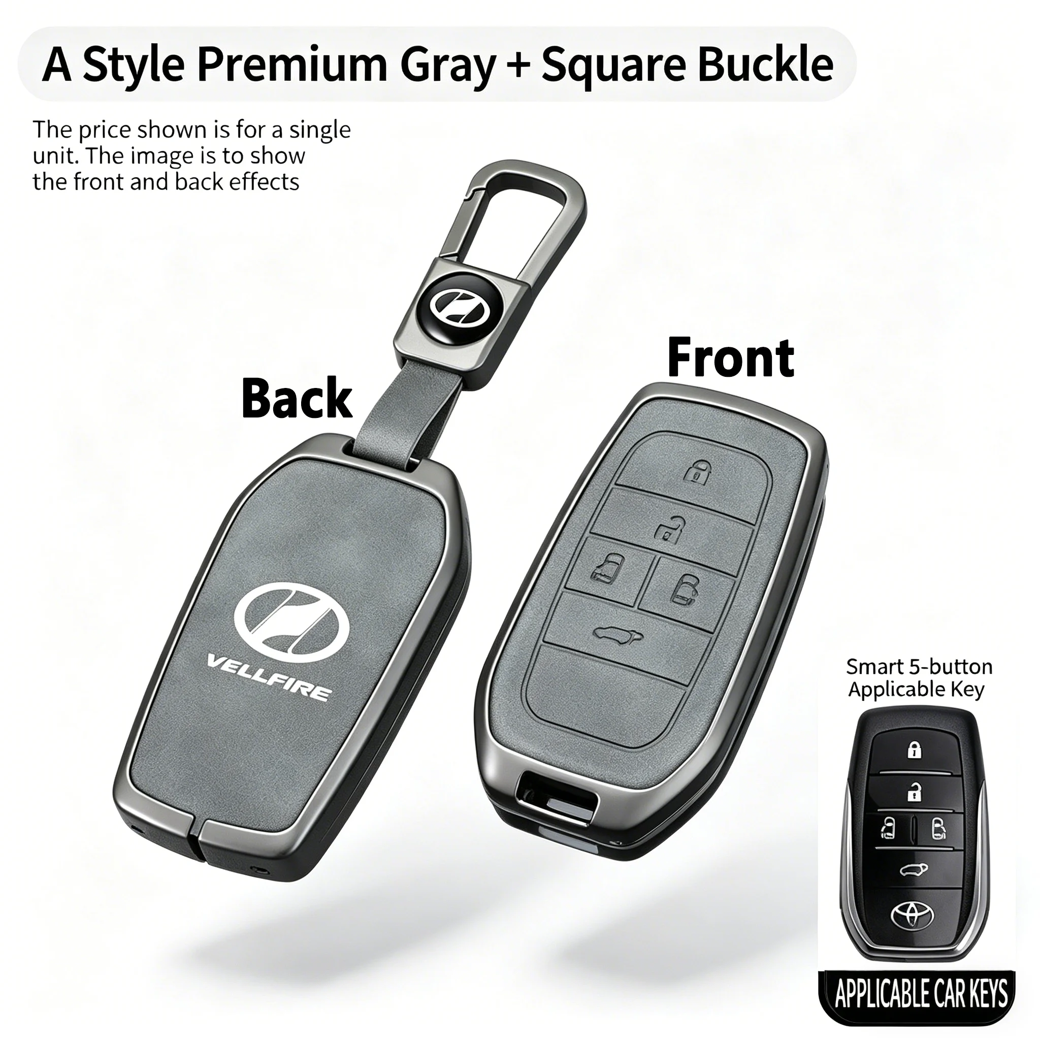 

Gray Leather Key Fob Cover for Toyota Alphard Vellfire 6-Button Smart Key Protector with Keychain