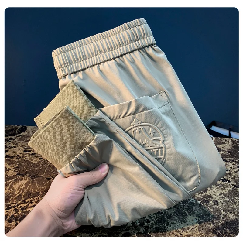 

Summer ice silk casual pants for men, trendy embroidery drawstring sports and casual versatile quick drying pants