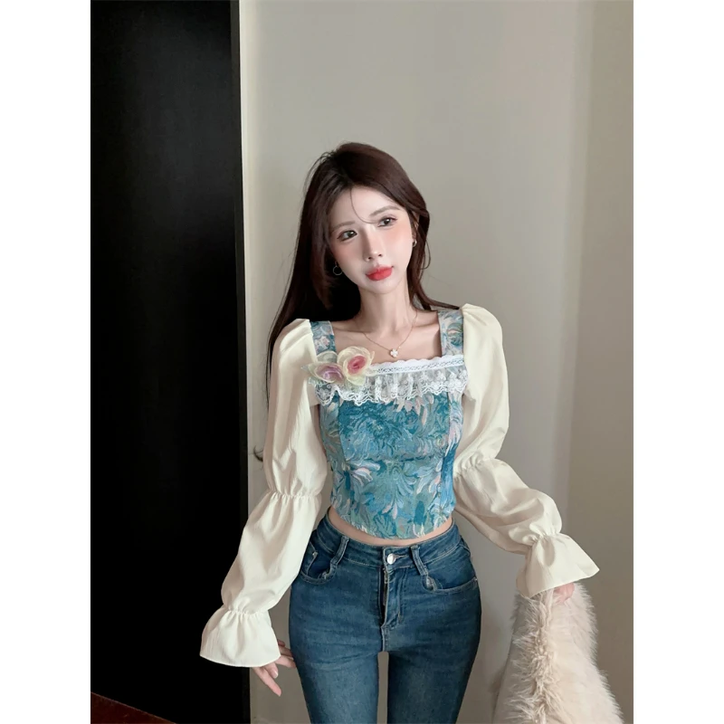 Women Clothing Temperament Slim Printing Patchwork Shirt Tops Spring Autumn New Long Sleeve Korean Short Blouse Vintage Fashion