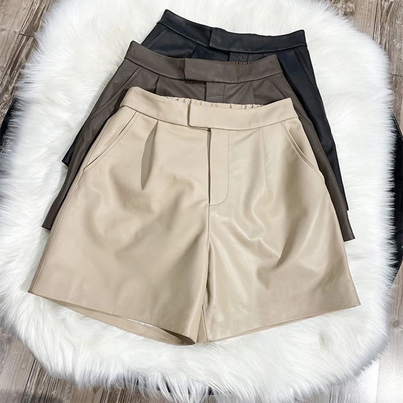 

2025 Classic Simple Imported Lambskin Shorts For Women Elastic Waist Wide Leg Pocket Bermuda Leather Wide Leg Pants Ropa Mujer