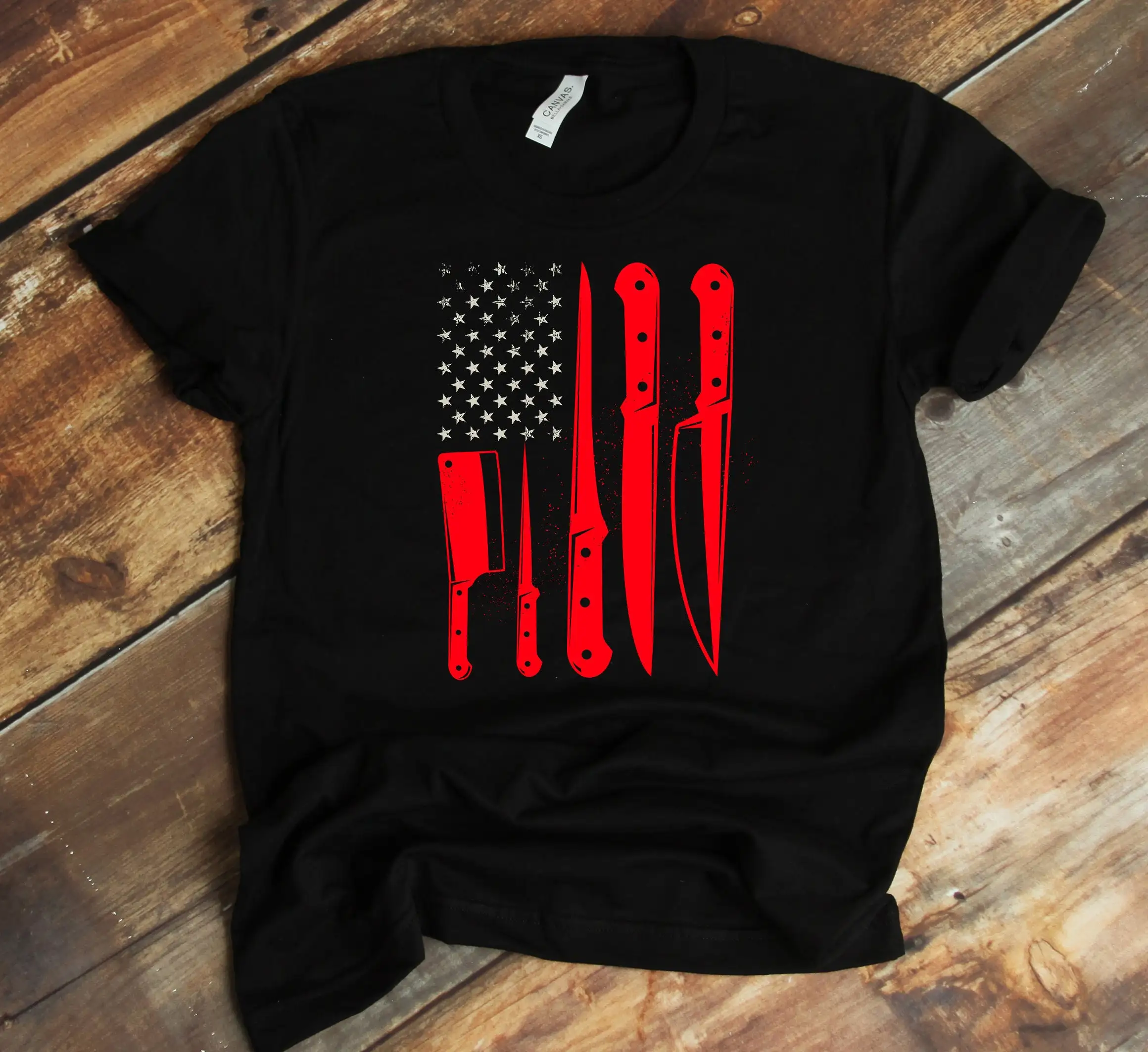 T Shirt For Butcher American Flag Kitchen Knife Set Patriotic Chef